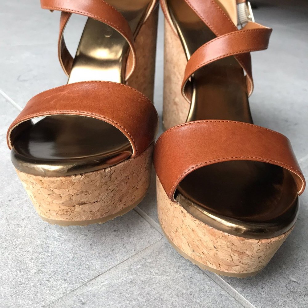 EUC Jimmy Choo Portia Crisscross Cork Wedge Canyon tan leather - Picture 7 of 12